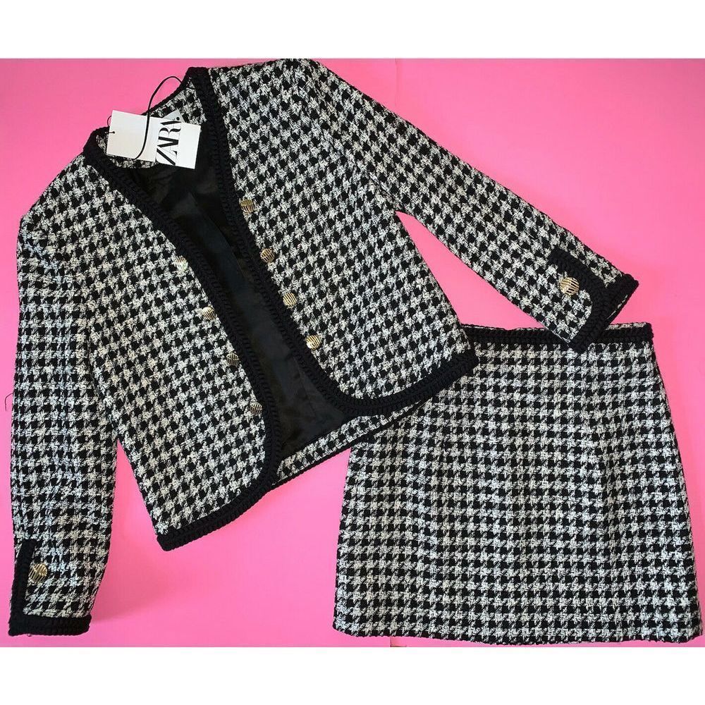 Zara Black & White Houndstooth Tweed Jacket and Skirt Set